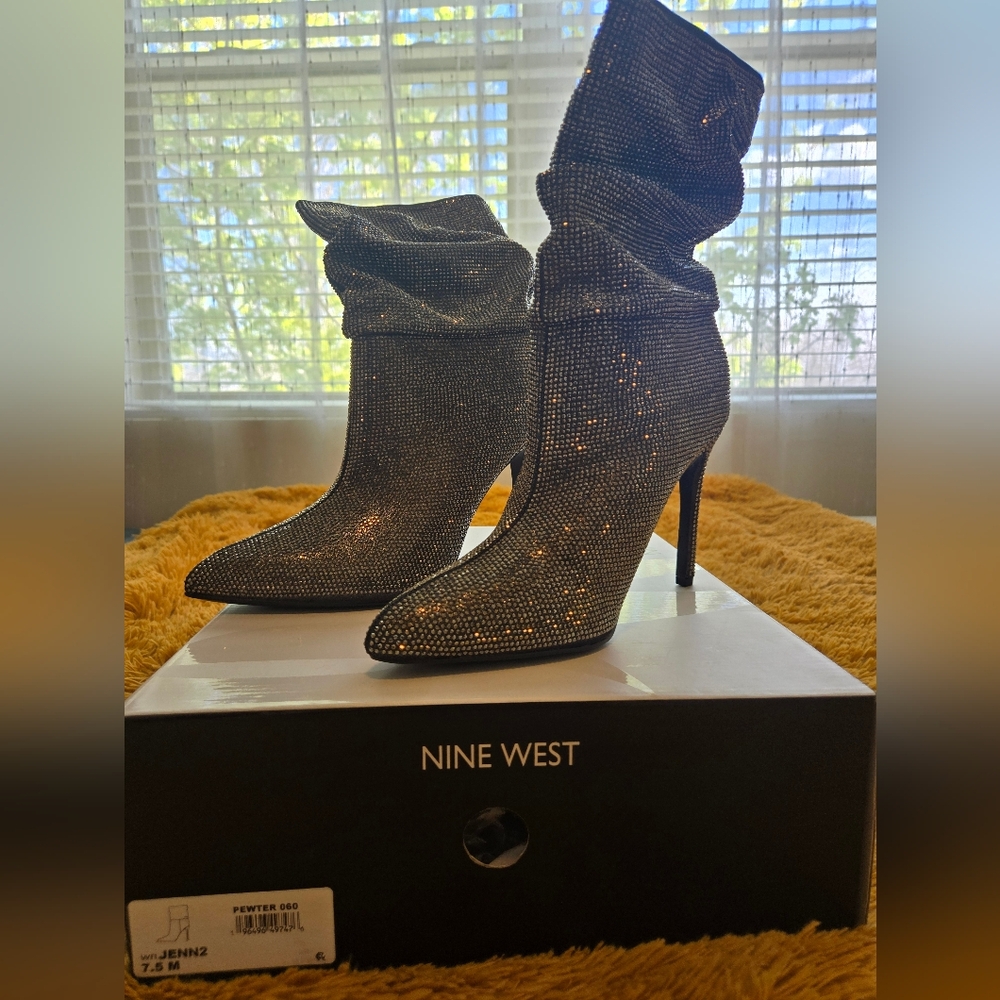 Nine West Women's Pewter Rhinestone Pointed Stiletto Booties